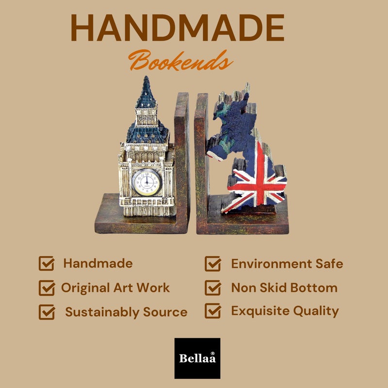 Bellaa 26348 Decorative Bookends Big Ben Clock Tower London UK Flag Map Vintage Unique British Patriots Gifts Bibliography Home Decor Bookshelves Heavy Book Ends - Image 3